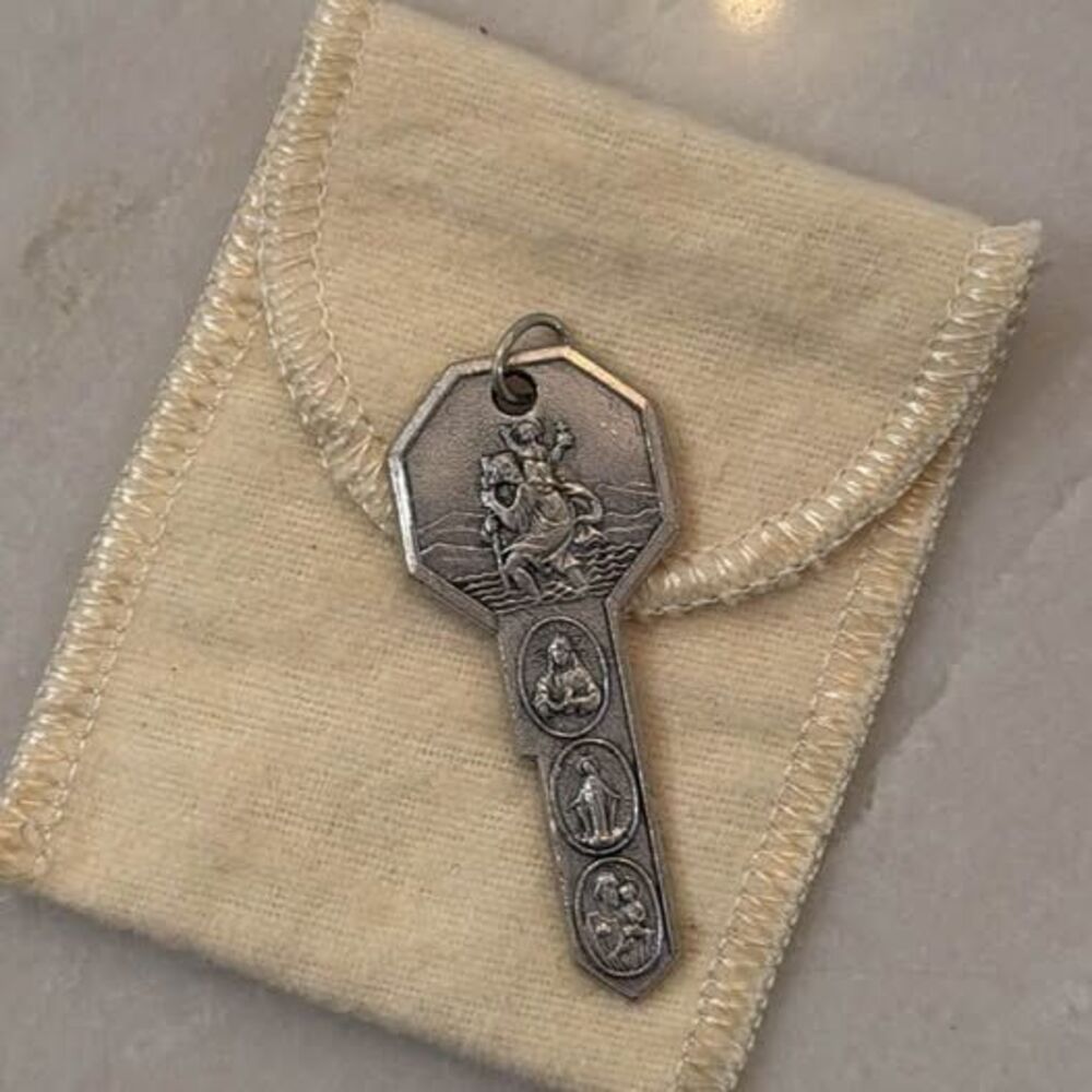 Vintage Saint Key Medal Pendant Catholic Italy Key to Heaven St Christopher